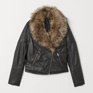 {H&M} Faux Fur-collar Biker Jacket - Black 